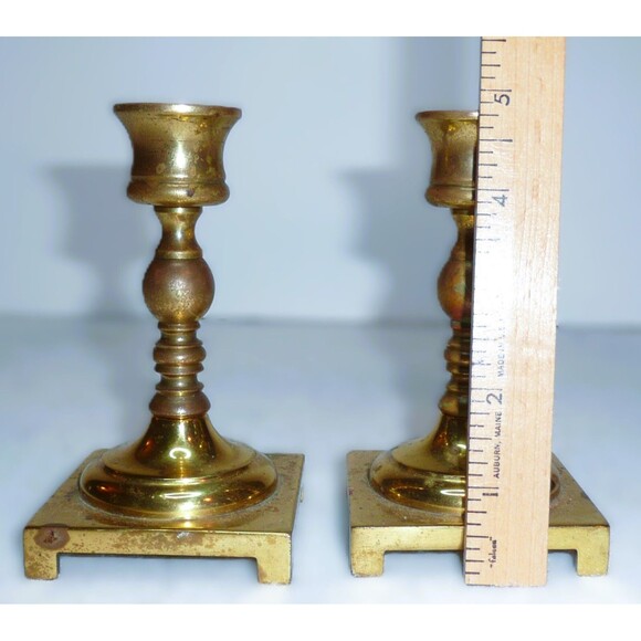Pair of Vintage Solid Brass Seiden Candlesticks 5" Tall Square Base Needs Polish - Picture 4 of 6